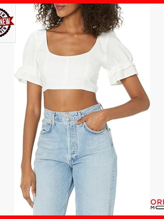 Tops - Cropped Linen Blouse with Puff Sleeves, Two-Way Tie Front or Back
